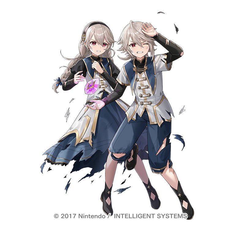 1boy 1girl black_hairband braided_twintails clenched_teeth copyright_notice corrin_(female)_(fire_emblem) corrin_(female)_(young_kinship)_(fire_emblem) corrin_(fire_emblem) corrin_(male)_(fire_emblem) corrin_(male)_(young_kinship)_(fire_emblem) damaged dragonstone dual_persona fire_emblem fire_emblem_fates fire_emblem_heroes grey_hair hairband matching_outfits mirror_twins nima_(niru54) nintendo official_art one_eye_closed pointy_ears protecting red_eyes siblings simple_background teeth torn_clothes twins twintails v-shaped_eyebrows white_background