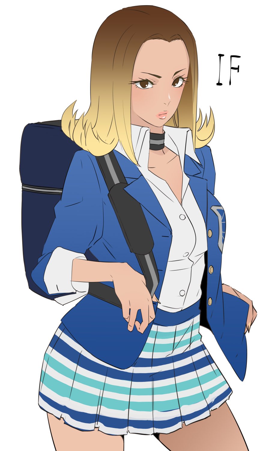 1girl butcha-u closed_mouth collarbone commentary_request highres lips long_hair multicolored_skirt pleated_skirt school_uniform shin_megami_tensei shin_megami_tensei:_if... shirakawa_yumi simple_background skirt solo white_background