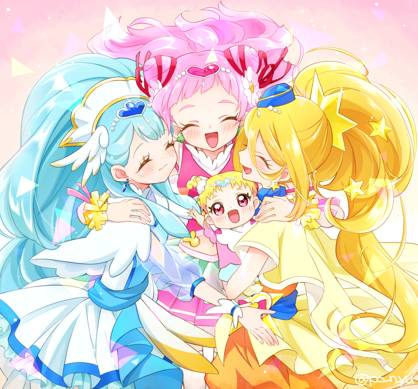 3girls baby blonde_hair blue_hair blue_hat blue_sash blue_scarf cape capelet closed_eyes clothing_cutout cure_ange cure_etoile cure_yell double_bun dress earrings frilled_cuffs garrison_cap group_hug hair_bun hair_ornament hat heart heart_hair_ornament hug hug-tan_(precure) hugtto!_precure jewelry kagayaki_homare long_hair magical_girl multiple_girls navel navel_cutout nono_hana open_mouth orange_dress pink_dress pink_hair pleated_dress ponytail precure purple_eyes sash scarf see-through_clothes see-through_sleeves short_dress short_sleeves showgirl_skirt sleeveless sleeveless_dress smile standing star_(symbol) star_earrings thighhighs twitter_username very_long_hair white_capelet white_dress white_thighhighs yakushiji_saaya yellow_cape yui_(kanatamoo)