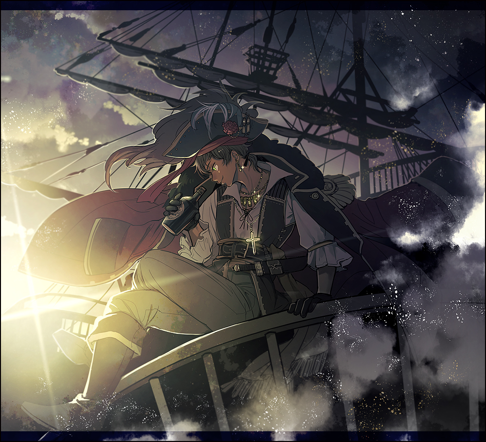 1boy alternate_costume arm_support axis_powers_hetalia backlighting bandana belt black_gloves black_hair boots clothes_lift coat cross cross_necklace crossed_legs crow&#039;s_nest diffraction_spikes earrings flower fog full_body gloves gold green_eyes hand_up hat hat_flower holding jacket jacket_on_shoulders jewelry knife letterboxed looking_afar male_focus midou_(midooooooooh) necklace outdoors pants pendant pirate pirate_hat pirate_ship ponytail sail scabbard sheath sheathed ship ship_of_the_line shirt short_hair sitting sky smile solo spain_(hetalia) star_(sky) starry_sky sun sunlight sunrise vest warship watercraft wind wind_lift