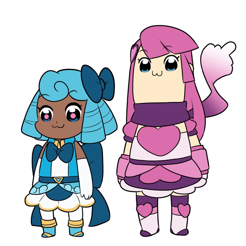 10s 2girls bkub_(style) blue_eyes blue_hair bow chibi dark_skin dark-skinned_female heart heartful_punch mary_cagle multiple_girls parody pink_hair poptepipic scarf sleepless_domain undine_wells