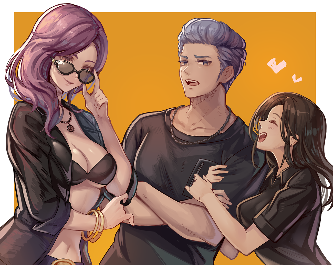 1boy 2girls ^_^ bikini black_bikini black_eyes black_hair black_jacket black_shirt closed_eyes closed_mouth collared_shirt cowboy_shot crossed_arms fujimaru_(green_sparrow) grey_hair han_joon-gi hand_up heart jacket jewelry long_hair multiple_girls necklace open_clothes open_jacket open_mouth pink_hair profile ryuu_ga_gotoku_(series) ryuu_ga_gotoku_8 seonhee shirt short_hair short_sleeves sleeves_rolled_up smile standing sunglasses swimsuit yellow_background yeona
