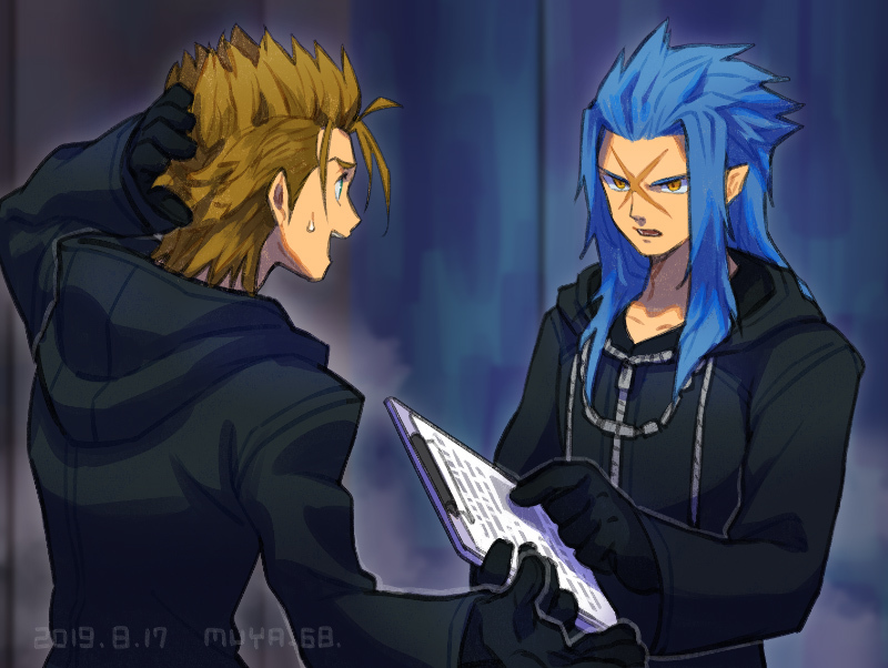 2boys angry arm_up black_coat black_coat_(kingdom_hearts) black_gloves blue_hair brown_hair clipboard coat commentary_request dated demyx facing_away false_smile gloves hands_up holding holding_clipboard hood hood_down hooded_coat kingdom_hearts long_sleeves male_focus multiple_boys open_mouth organization_xiii pointing pointy_ears saix scar scar_on_face short_hair sidelocks signature skyloop19 smile solo spiked_hair sweatdrop upper_body yellow_eyes zipper