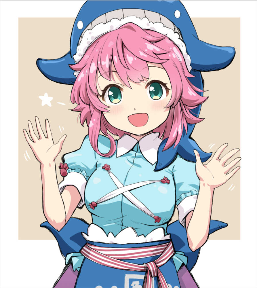 1girl :d animal_hat apron aqua_shirt blue_apron breasts collared_shirt commentary_request green_eyes haniwa_(leaf_garden) hat looking_at_viewer medium_breasts medium_hair okunoda_miyoi open_mouth pink_hair puffy_short_sleeves puffy_sleeves purple_skirt shirt short_sleeves skirt smile solo star_(symbol) touhou upper_body waving whale_hat