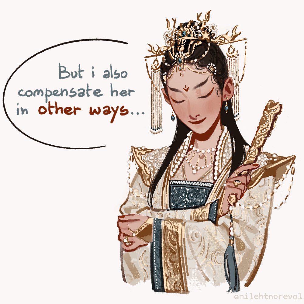 1girl black_hair blue_gemstone blue_trim chinese_clothes chinese_hairpin closed_eyes closed_mouth commentary cropped_torso earrings english_commentary english_text enilehtnorevol eyeliner facial_mark folding_fan forehead_mark gem genderswap genderswap_(mtf) gold gold_trim hair_ornament hand_fan hanfu holding holding_fan huadian implied_yuri jewelry makeup multiple_rings ornate_clothes pearl_(gemstone) pearl_hair_ornament pearl_ring red_eyeliner ring shi_wudu smile solo speech_bubble tassel tianguan_cifu white_background white_hanfu