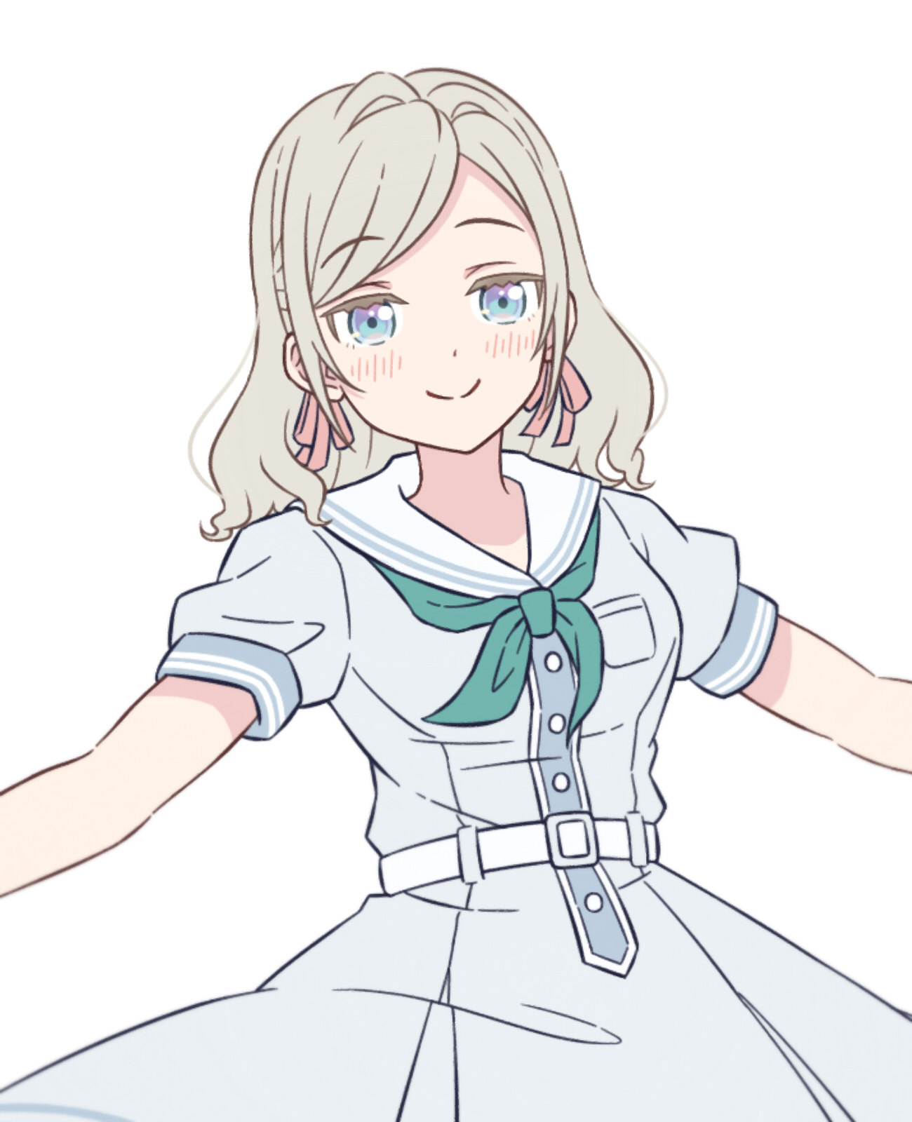 1girl akihitohappy aqua_neckerchief blue_eyes blush breast_pocket breasts ceras_yanagida_lilienfeld closed_mouth commentary_request cowboy_shot design_speculation dress grey_hair hair_ribbon hasu_no_sora_school_uniform highres leg_up link!_like!_love_live! long_hair love_live! medium_breasts neckerchief no_shoes outstretched_arms pink_ribbon pleated_dress pocket puffy_short_sleeves puffy_sleeves ribbon sailor_collar sailor_dress school_uniform short_sleeves simple_background smile solo split_mouth spread_arms standing standing_on_one_leg summer_uniform swept_bangs white_background white_dress white_sailor_collar