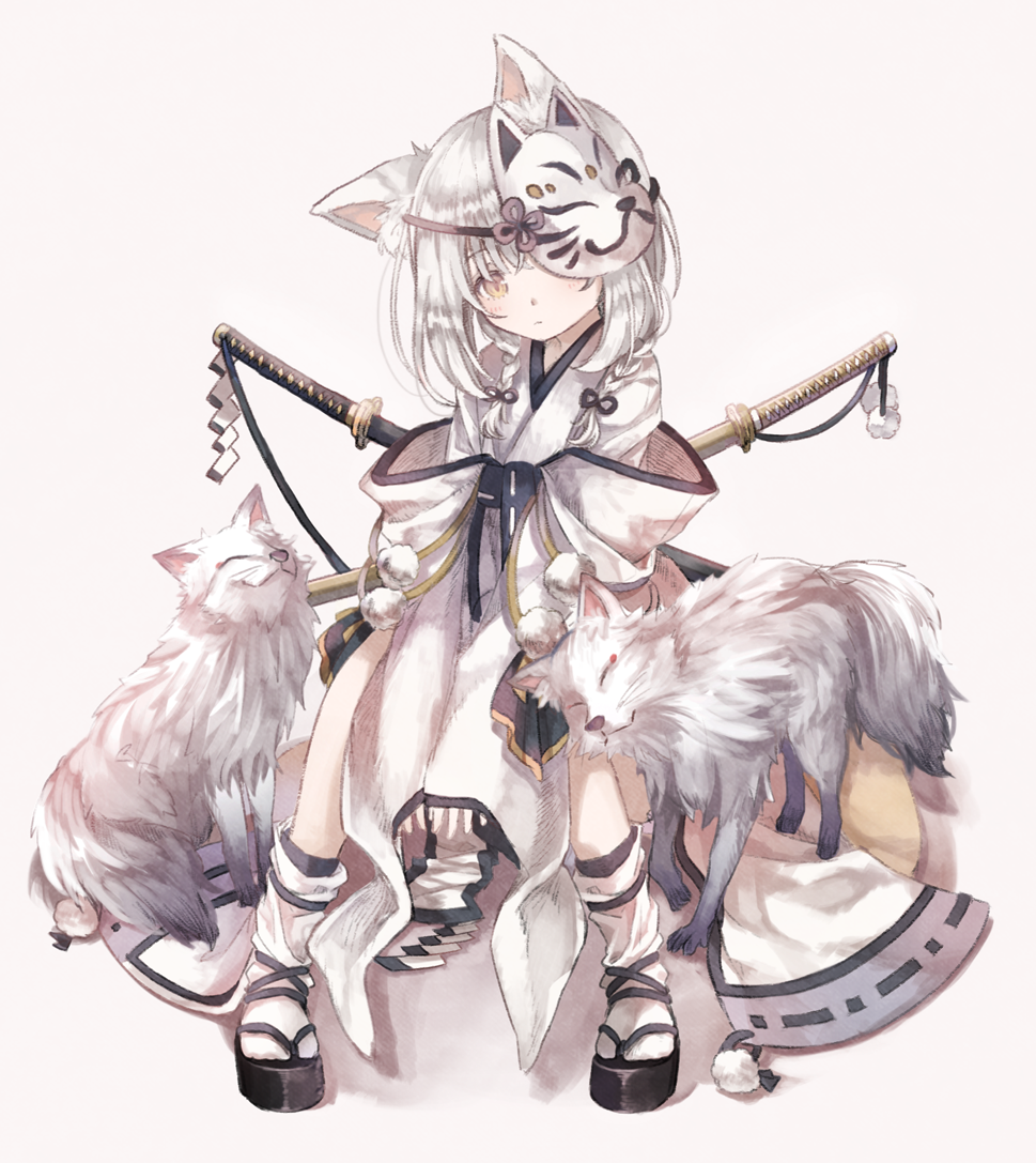 1girl animal animal_ears beige_background black_footwear blush braid brown_eyes brown_ribbon cape closed_eyes closed_mouth expressionless eyelashes flower_knot fox fox_ears fox_girl fox_mask full_body geta hair_ornament hair_ribbon head_tilt holding holding_behind_back holding_sword holding_sword_behind_back holding_weapon holding_weapon_behind_back japanese_clothes katana kimono long_sleeves looking_at_viewer low_twintails mask mask_on_head mask_over_one_eye medium_hair off_shoulder one_eye_covered original oro_ponzu pom_pom_(clothes) ribbon ribbon-trimmed_clothes ribbon_trim sandals scabbard shadow sheath sheathed shide short_kimono simple_background sitting socks sword tabi tareme twin_braids twintails weapon white_cape white_hair white_socks wide_sleeves