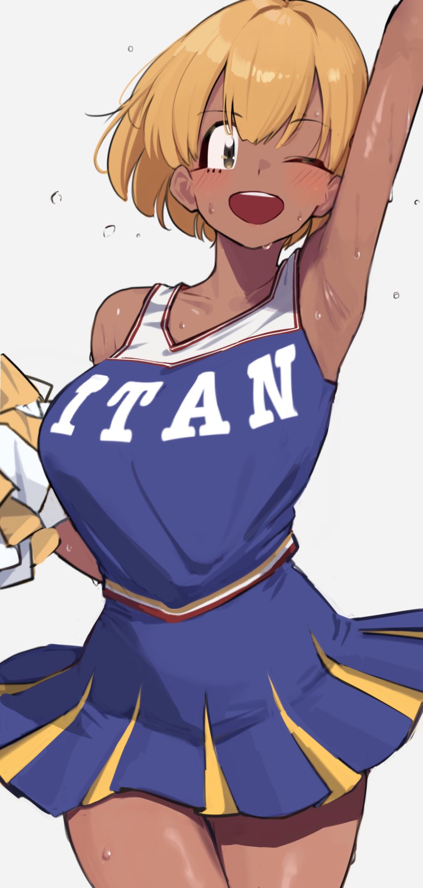 1girl ;d arm_up armpits ayatak0517 blonde_hair blue_shirt blue_skirt brown_eyes cheerleader dark-skinned_female dark_skin highres komi-san_wa_komyushou_desu manbagi_rumiko one_eye_closed open_mouth pom_pom_(cheerleading) shirt short_hair simple_background skirt smile solo sweat white_background