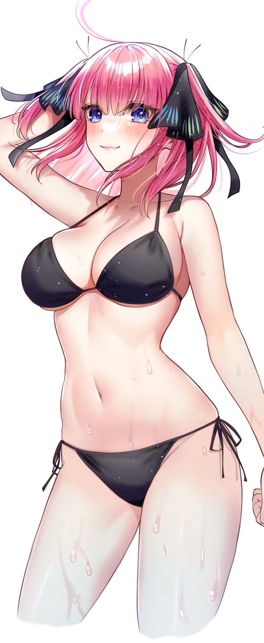 1girl ahoge arm_behind_head bare_shoulders bikini black_bikini black_ribbon blue_eyes blush breasts butterfly_hair_ornament cleavage closed_mouth collarbone commentary_request contrapposto cropped_legs eyelashes go-toubun_no_hanayome hair_between_eyes hair_ornament hair_ribbon highres kurosaki_coco large_breasts looking_at_viewer medium_hair nakano_nino navel pink_hair ribbon side-tie_bikini_bottom sidelocks simple_background smile solo standing stomach swimsuit two_side_up wet white_background