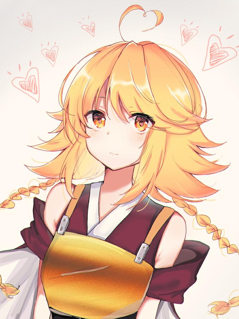 1other androgynous antenna_hair armor bare_shoulders blonde_hair blush_stickers braid breastplate cape closed_mouth commentary detached_sleeves english_commentary heart heart_antenna_hair heart_in_eye huangdouliuhan japanese_clothes kimono len&#039;en long_hair looking_at_viewer low_twin_braids notice_lines ooama_no_ake_no_mitori red_kimono scribble short_sleeves symbol_in_eye twin_braids upper_body white_background white_cape yellow_armor yellow_eyes