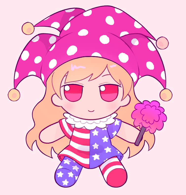1girl american_flag_dress american_flag_legwear beads blonde_hair closed_mouth clownpiece dreamysuite dress fire full_body fumo_(doll) hat holding holding_torch jester_cap long_hair neck_ruff pantyhose pink_hat polka_dot_headwear purple_fire red_eyes short_sleeves simple_background sitting smile solo star_(symbol) star_print striped_clothes striped_dress striped_pantyhose torch touhou wavy_hair white_background