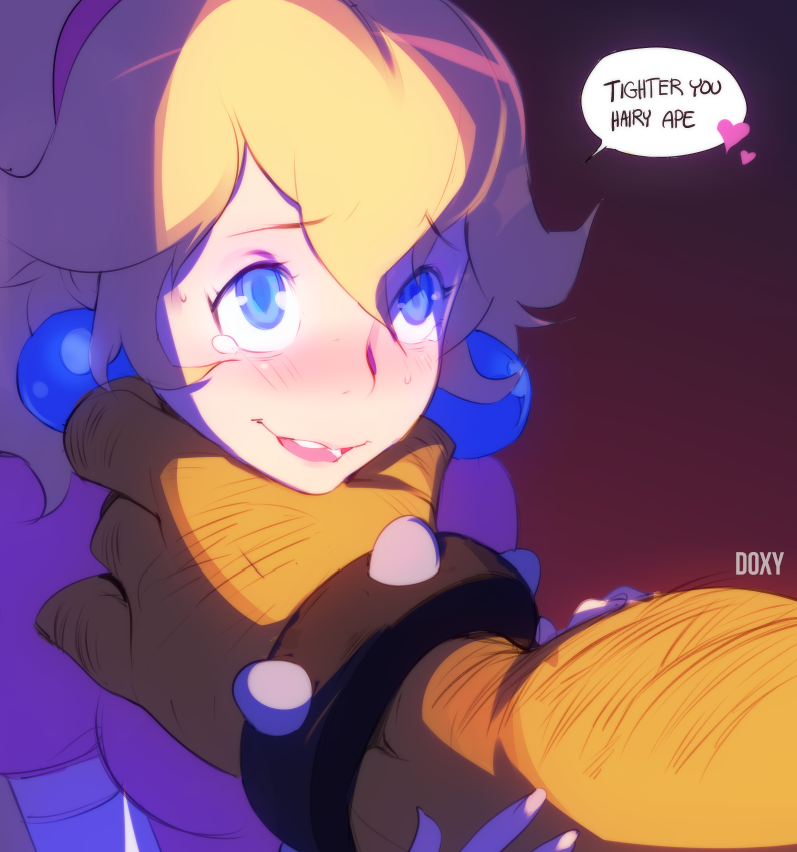 1girl asphyxiation blonde_hair blush bowser bracelet crown dark_background doxy english_text jewelry looking_at_viewer mario_(series) masochism nintendo pov princess_peach speech_bubble spiked_bracelet spikes strangling super_mario_bros._1 tears