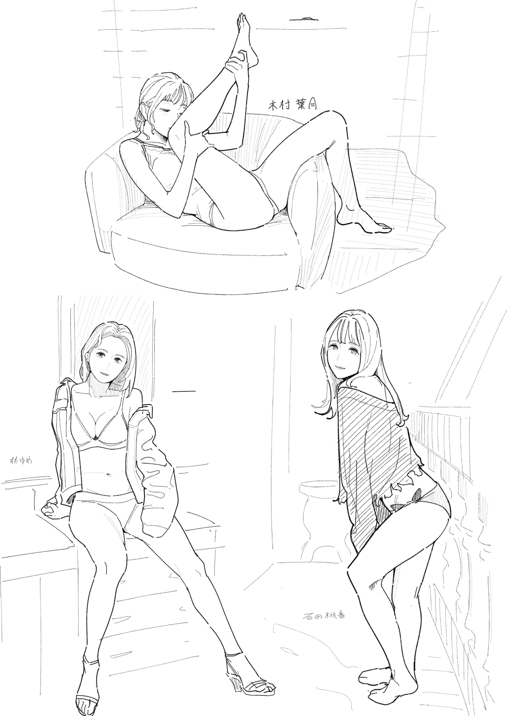 ass bathroom bikini bra collage greyscale high_heels highres holding_leg jacket jacket_partially_removed lineart long_hair looking_at_viewer lying monochrome navel norakura_(nr_kura) on_back one-piece_swimsuit original panties ponytail sitting sketch standing swimsuit underwear