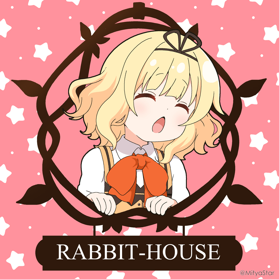 1girl blonde_hair bow chestnut_mouth closed_eyes collared_shirt commentary_request facing_viewer gochuumon_wa_usagi_desu_ka? kirima_syaro metro-goldwyn-mayer mitya open_mouth orange_bow orange_vest parody pink_background rabbit_house_uniform shirt solo star_(symbol) star_symbol_background twitter_username vest waitress white_shirt