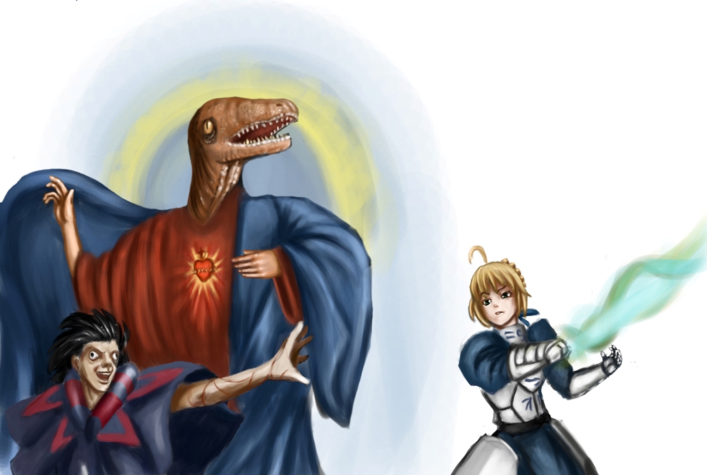 1girl 2boys 4chan ahoge armor armored_dress artoria_pendragon_(fate) black_hair crossover dinosaur drawfag dress excalibur_(fate/stay_night) fate/zero fate_(series) gilles_de_rais_(caster)_(fate) gilles_de_rais_(fate) heart jesus meme multiple_boys open_hand open_mouth outstretched_arm raptor raptor_jesus robe saber_(fate) sharp_teeth short_hair simple_background teeth what yellow_eyes