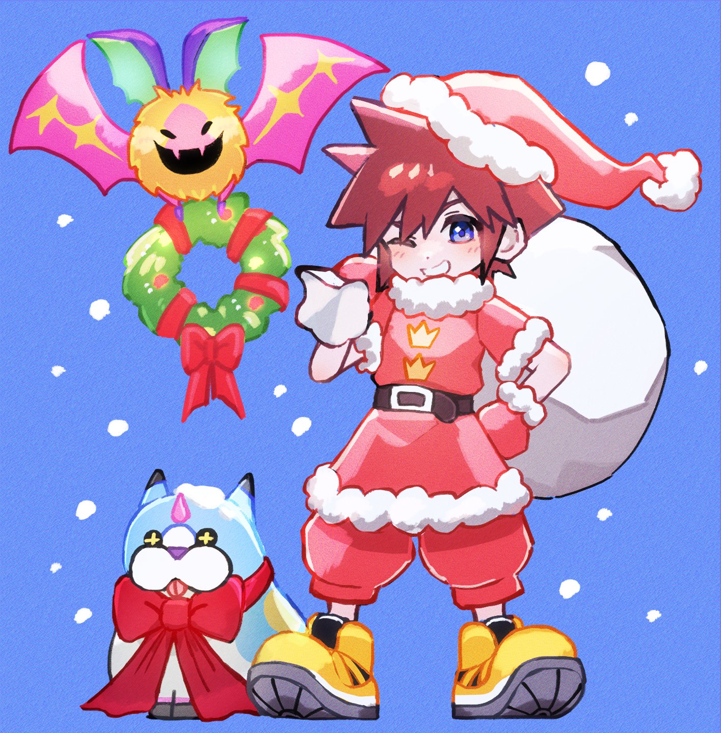 1boy blue_background blue_eyes blush bow brown_hair christmas christmas_wreath grin hat highres holding holding_sack kingdom_hearts kingdom_hearts_3d:_dream_drop_distance koumori_bat male_focus one_eye_closed red_bow ribbon sack santa_costume santa_hat short_hair smile snowing sora_(kingdom_hearts) squidkid528 standing wondernyan_(kingdom_hearts) wreath