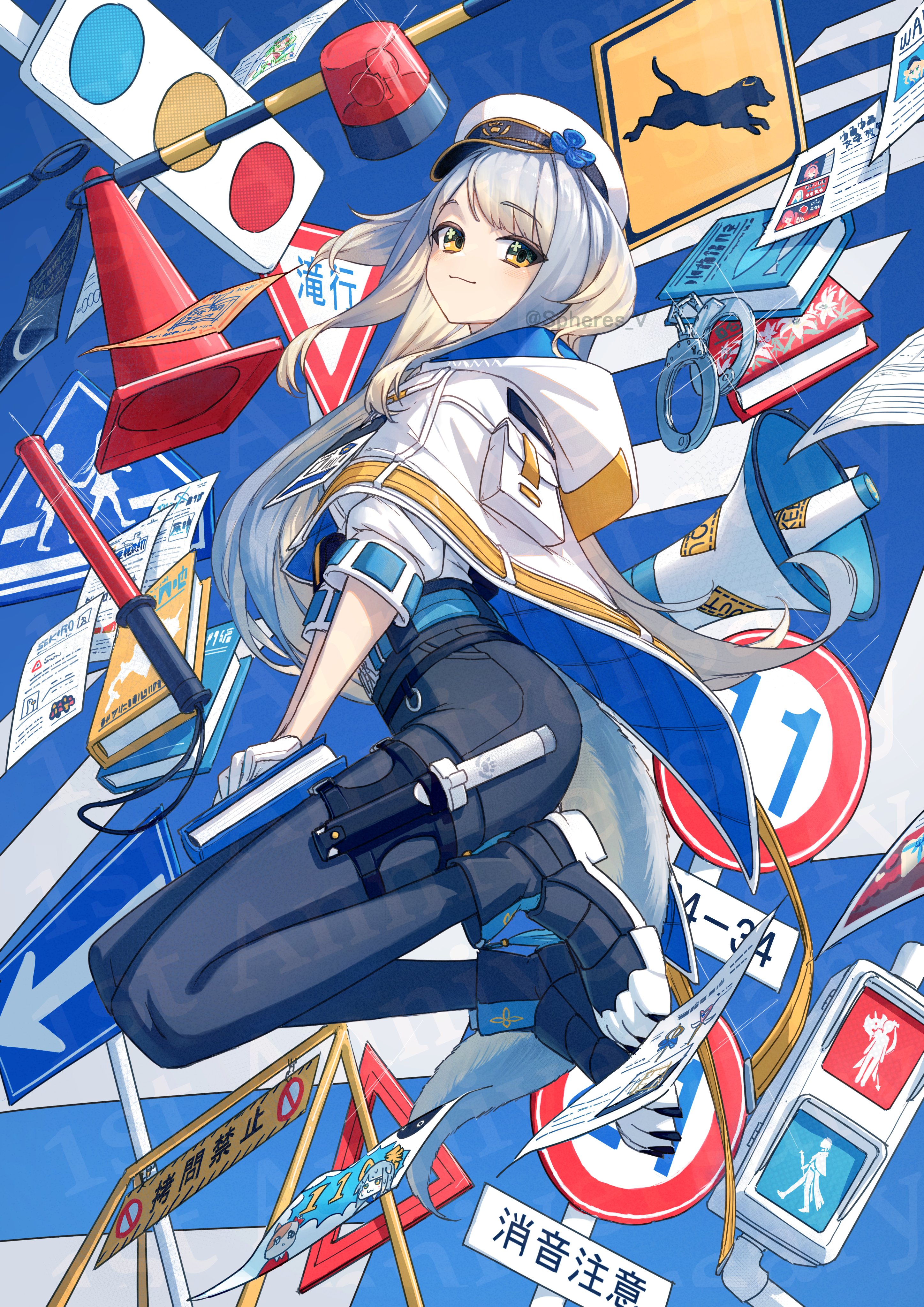 1girl :3 absurdres animal_ears armillarphere_v artist_name baton_(weapon) belt blonde_hair blue_background blue_belt blue_pantyhose blue_shoes blue_shorts blush book capelet closed_mouth commentary_request cuffs dog_ears dog_girl dog_tail glint gloves gradient_hair green_eyes grey_hair handcuffs hat high-waist_shorts highres holding holding_book holster id_card long_hair looking_at_viewer looking_to_the_side megaphone milan_kestrel multicolored_eyes multicolored_hair nijisanji orange_eyes orange_ribbon pantyhose pantyhose_under_shorts paper paw_shoes peaked_cap pedestrian_lights police police_hat police_uniform policewoman pouch quilted_clothes ribbon road_sign shioriha_ruri shioriha_ruri_(1st_costume) shirt shirt_tucked_in shoes short_shorts short_sleeves shorts sidelocks sign smile solo tachitsute_toto tail thigh_holster thigh_strap traffic_baton traffic_cone traffic_light twitter_username two-sided_capelet two-tone_background two-tone_eyes virtual_youtuber weapon white_background white_capelet white_gloves white_hat white_shirt
