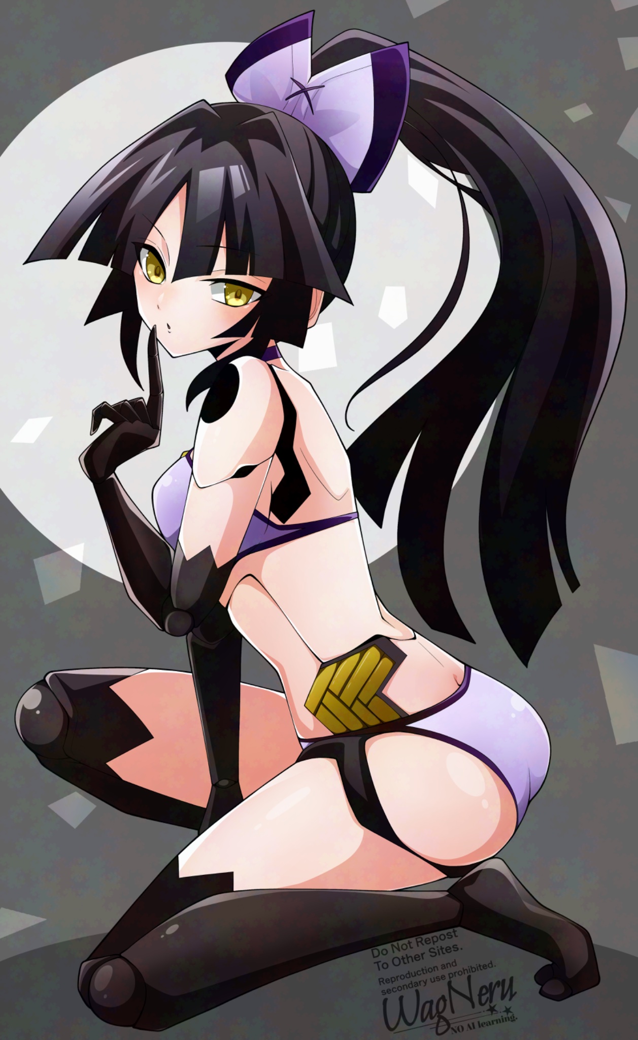 1girl android bare_shoulders bikini black_hair bow breasts fate/grand_order fate_(series) hair_bow highres joints katou_danzou_(fate) katou_danzou_(midsummer_memories)_(fate) long_hair looking_at_viewer medium_breasts parted_bangs ponytail purple_bikini robot_joints sidelocks solo swimsuit wagu_neru yellow_eyes
