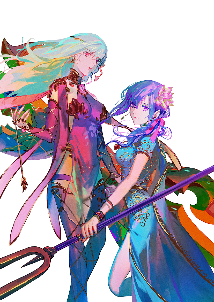 2girls bracelet collar daeraeband earrings fate/grand_order fate_(series) flower holding holding_polearm holding_weapon indian_clothes jewelry kama_(fate) long_hair looking_at_viewer lotus low_ponytail matou_sakura metal_collar multiple_girls parvati_(fate) polearm ponytail purple_eyes purple_hair red_eyes revealing_clothes side_slit thighhighs thighlet weapon white_hair