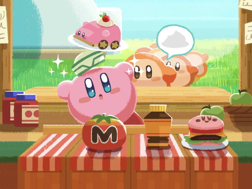 apple blush_stickers burger car-mouth_cake counter energy_drink_(kirby) food fruit grass green_apple kirby kirby_(series) kirby_and_the_forgotten_land kirby_burger maxim_tomato naco_oekaki nintendo no_humans sparkle waddle_dee