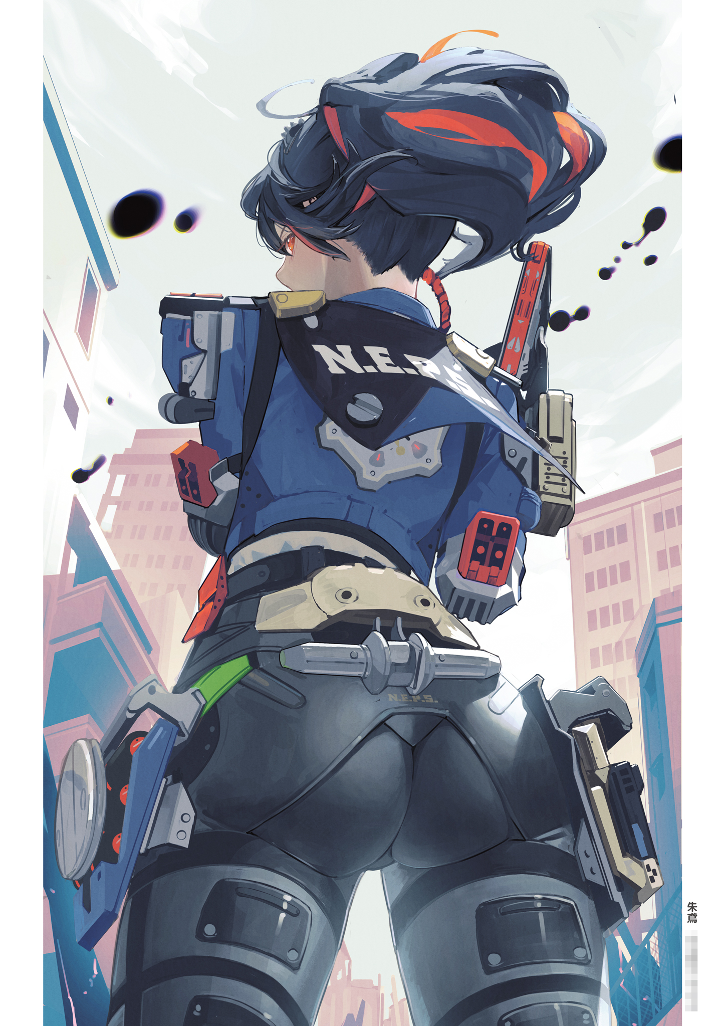 1girl ass black_gloves black_hair black_pants blue_jacket commentary_request cowboy_shot earpiece floating_hair from_behind gloves grey_sky gun hand_up handgun handlebar high-waist_pants highres holding holding_gun holding_weapon holster jacket legs_apart looking_at_viewer looking_back metal_hairband multicolored_hair orange_eyes orange_hair outdoors pants police police_uniform policewoman ponytail red_eyes red_hair red_streaks shoulder_holster sky solo standing streaked_hair syuri22 thigh_holster tight_clothes tight_pants weapon zenless_zone_zero zhu_yuan
