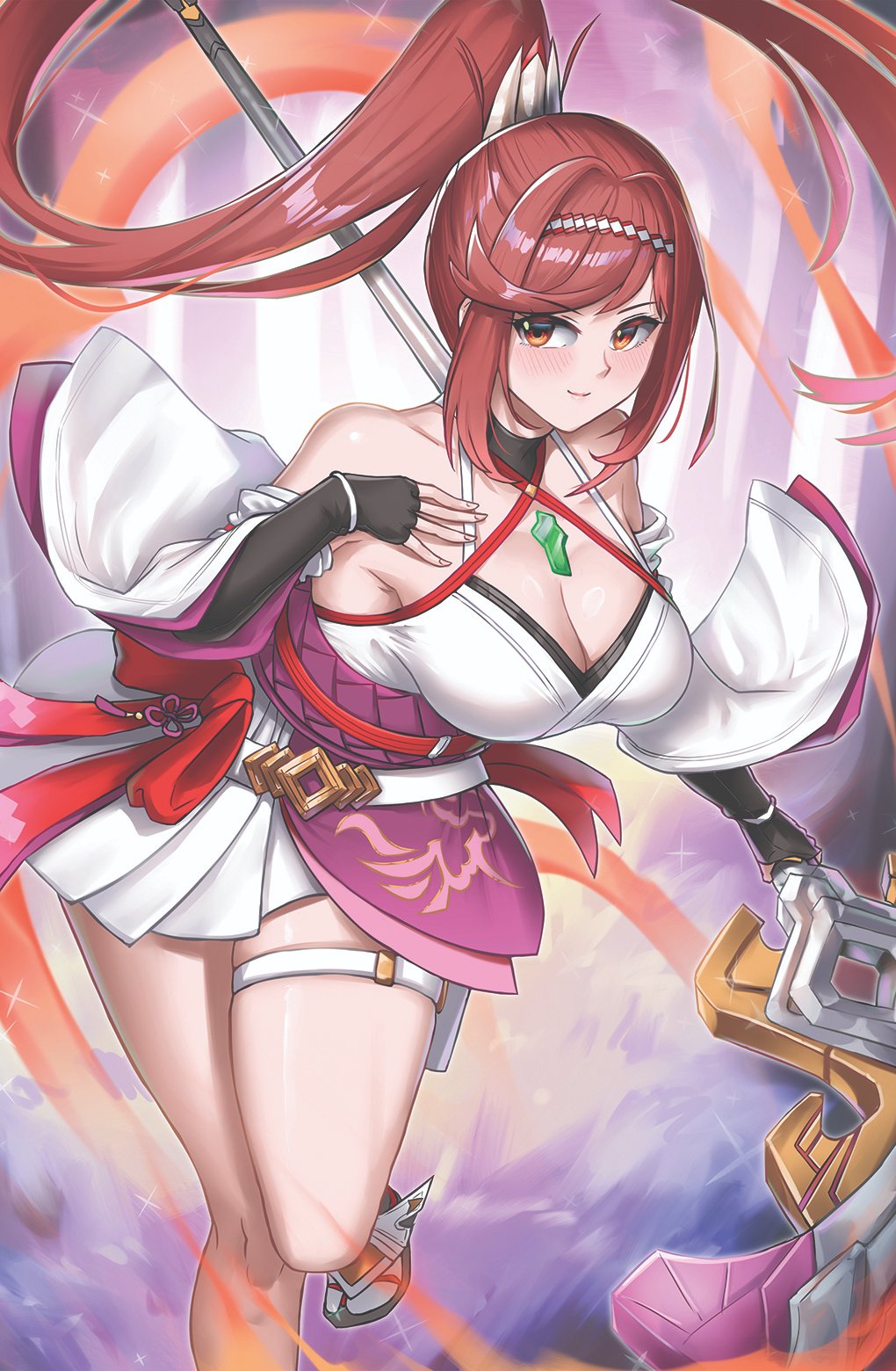1girl bare_shoulders breasts brown_eyes brown_hair burnt_green_tea chest_jewel cleavage collarbone core_crystal_(xenoblade) cowboy_shot detached_sleeves dress glimmer_(xenoblade) highres holding holding_polearm holding_weapon large_breasts polearm solo weapon white_dress white_sleeves xenoblade_chronicles_(series) xenoblade_chronicles_3
