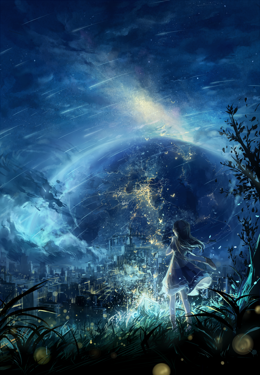 1girl bad_id bad_pixiv_id bag blue_theme bug butterfly city_lights cityscape cloud cloudy_sky domik dress facing_away female_focus from_behind grass highres insect long_hair meteor meteor_shower night night_sky original outdoors planet scenery shooting_star shoulder_bag sky solo tree wisp