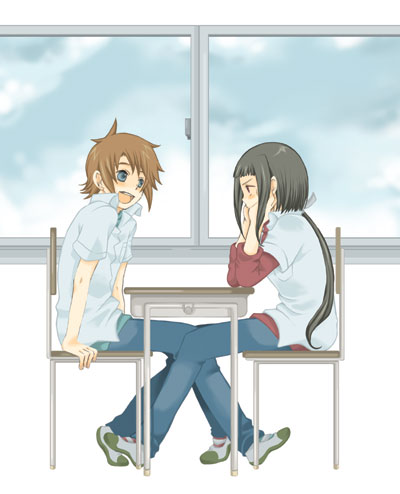 00s 1boy 1girl androgynous couple crossdressing green_hair hetero lowres my-hime okuzaki_akira ponytail reverse_trap tokiha_takumi trap