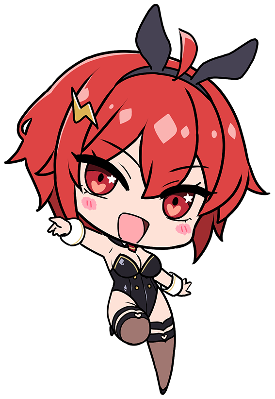 1girl :d ahoge animal_ear_hairband animal_ears arm_at_side arm_up black_hairband black_leotard black_pantyhose black_thighhighs blush breasts chibi chibi_only cleavage covered_navel deformed derauea detached_collar fake_animal_ears game_cg hair_ornament hairband highleg karla_lil_earthian large_breasts leg_up leotard lightning_bolt lightning_bolt_hair_ornament lightning_bolt_symbol looking_at_viewer motto!_haramase!_honoo_no_oppai_isekai_oppai_bunny_gakuen! necktie non-web_source official_art open_mouth pantyhose playboy_bunny rabbit_ear_hairband rabbit_ears red_eyes red_hair red_necktie shoes smile solo star_(symbol) star_in_eye strapless strapless_leotard symbol_in_eye thighhighs transparent_background white_wrist_cuffs wrist_cuffs