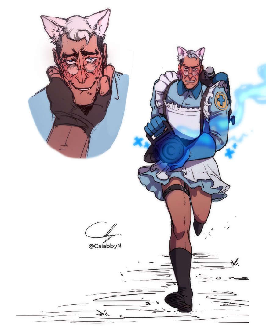 2boys alternate_costume animal_ears apron bara black_boots black_gloves black_hair blu_medic_(tf2) blue_dress blue_eyes blue_gloves boots cabbage_(ncalabby) cat_boy cat_ears collared_dress cross crossdressing dress enmaided fingerless_gloves frilled_apron frilled_dress frilled_sleeves frills full_body furrowed_brow garter_straps glasses gloves gun healing heavy_(tf2) high_collar holding holding_gun holding_weapon kemonomimi_mode long_sleeves looking_at_viewer maid maid_apron male_focus male_maid mature_male medic_(tf2) multicolored_hair multiple_boys multiple_views muscular muscular_male open_mouth running short_dress short_hair signature simple_background smile solo_focus team_fortress_2 teeth two-tone_hair weapon white_apron white_background white_fur white_hair yaoi