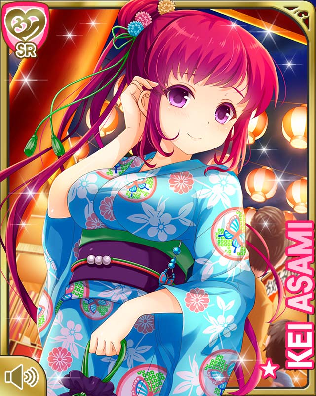 1boy 2girls asami_kei character_name festival floral_print floral_print_kimono flower girlfriend_(kari) japanese_clothes kimono long_hair multiple_girls obi official_art ponytail print_kimono purple_eyes qp:flapper red_hair ribbon sash solo_focus source_request very_long_hair yukata