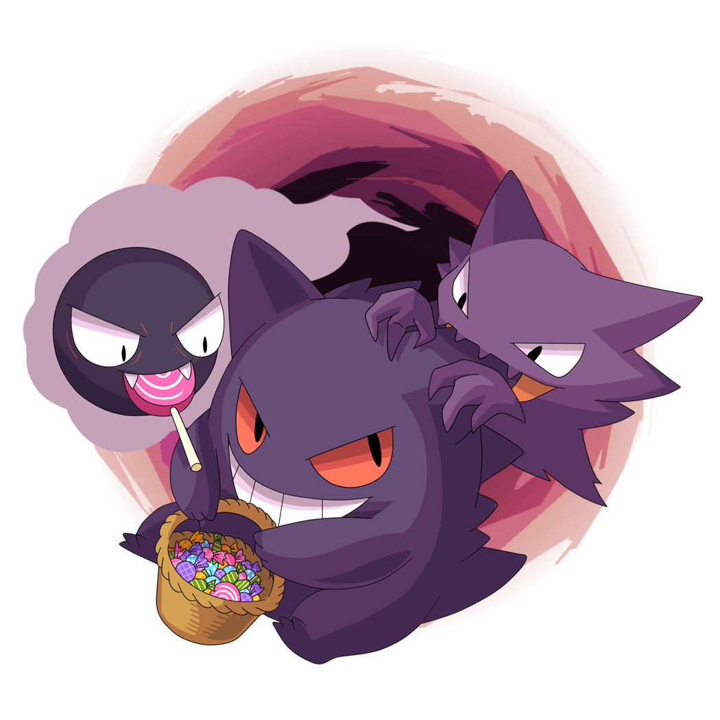 basket biting biting_ear black_eyes candy commentary_request evolutionary_line food gastly gen_1_pokemon gengar grin haunter holding holding_basket lollipop nintendo no_humans open_mouth pokemon pokemon_(creature) red_eyes simple_background smile white_background wrapped_candy yon_(4km_105)