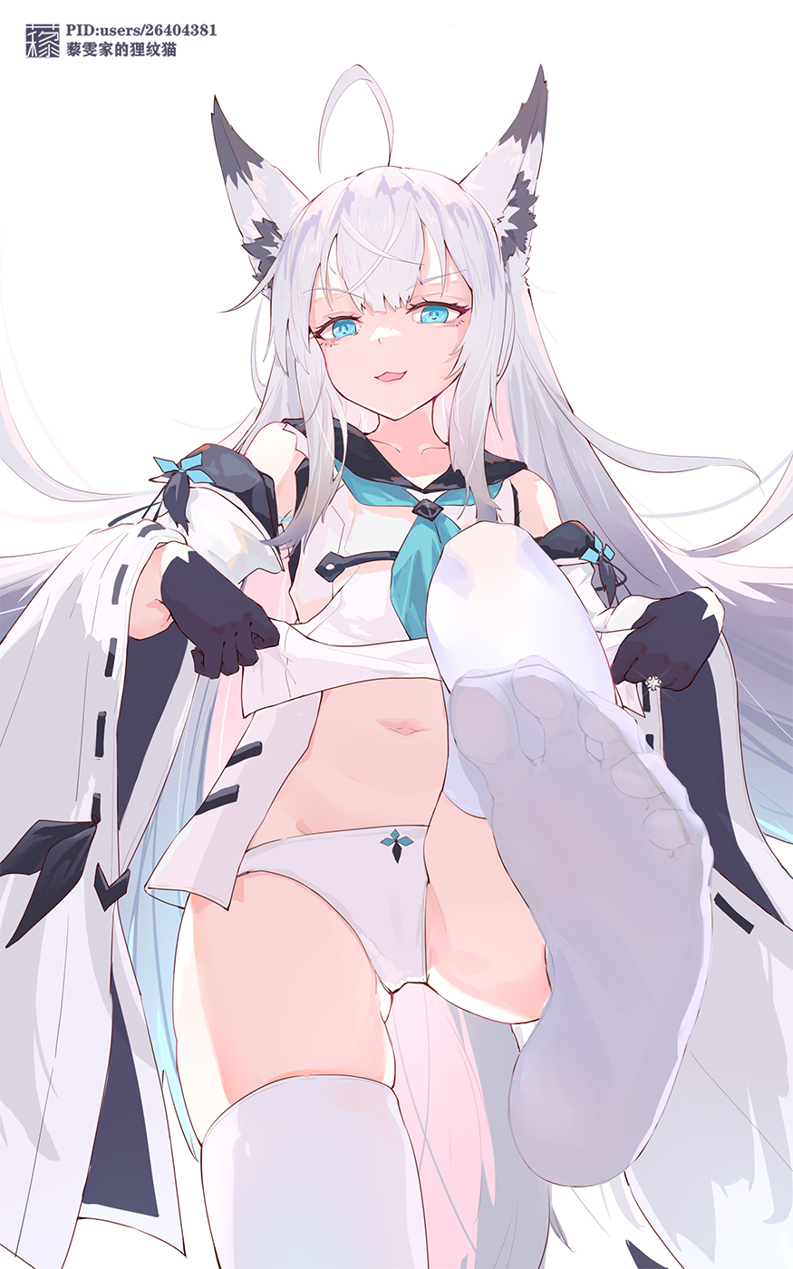 1girl animal_ear_fluff animal_ears azur_lane black_gloves black_sailor_collar blue_eyes blue_neckerchief blue_ribbon clothes_lift detached_sleeves feet foot_focus fox_ears fox_girl gloves highres kawakaze_(azur_lane) liwendala long_hair looking_at_viewer navel neckerchief panties applying_pedicure ribbon ribbon-trimmed_sleeves ribbon_trim sailor_collar shirt_lift smug soles solo thighhighs toes underwear white_hair white_panties white_thighhighs wide_sleeves
