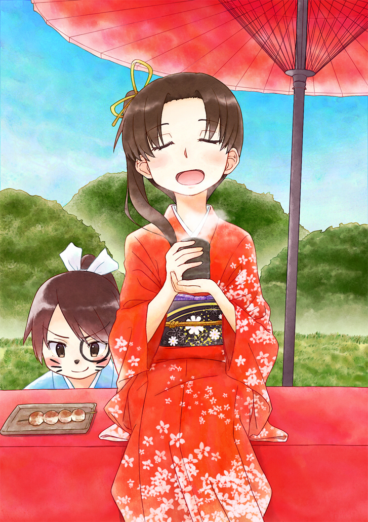 2girls alternate_costume ayanami_(kancolle) blue_kimono blush brown_hair closed_eyes commentary_request cup day facial_mark floral_print food hair_ribbon hiroki_eiki holding holding_cup japanese_clothes kantai_collection kimono multiple_girls obi oil-paper_umbrella open_mouth outdoors ponytail red_kimono ribbon sash shikinami_(kancolle) sitting sky smile steam umbrella whisker_markings white_ribbon yellow_ribbon yunomi
