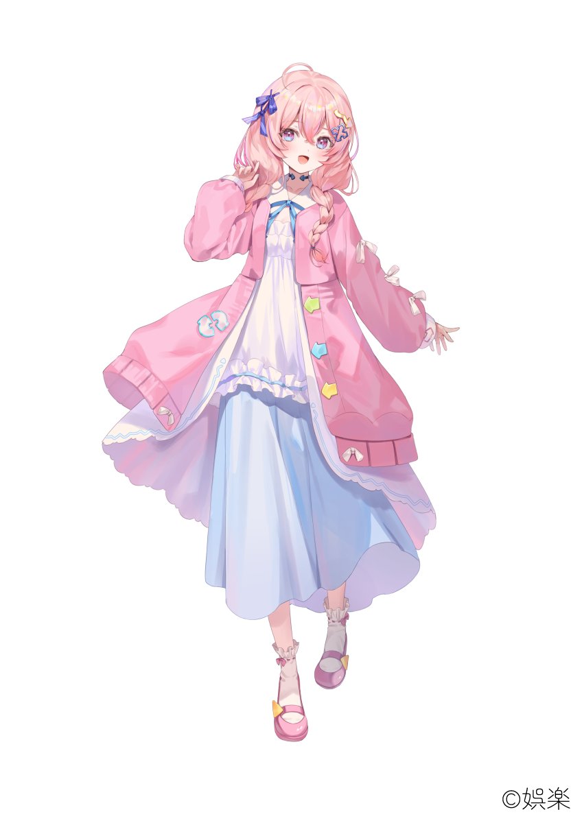 1girl :d arrow_hair_ornament atari_tsuzuku blue_eyes blue_skirt braid coat collarbone commentary_request copyright_notice crossed_bangs double-parted_bangs frilled_socks frills full_body goraku_production hair_between_eyes hair_over_shoulder hand_up highres kanda_done long_hair long_sleeves looking_at_viewer low_twin_braids mary_janes medium_skirt multicolored_eyes open_clothes open_coat open_mouth pink_coat pink_eyes pink_hair pink_shoes puffy_long_sleeves puffy_sleeves shirt shoes simple_background skirt smile socks solo tachi-e twin_braids two-tone_eyes virtual_youtuber white_background white_shirt white_socks