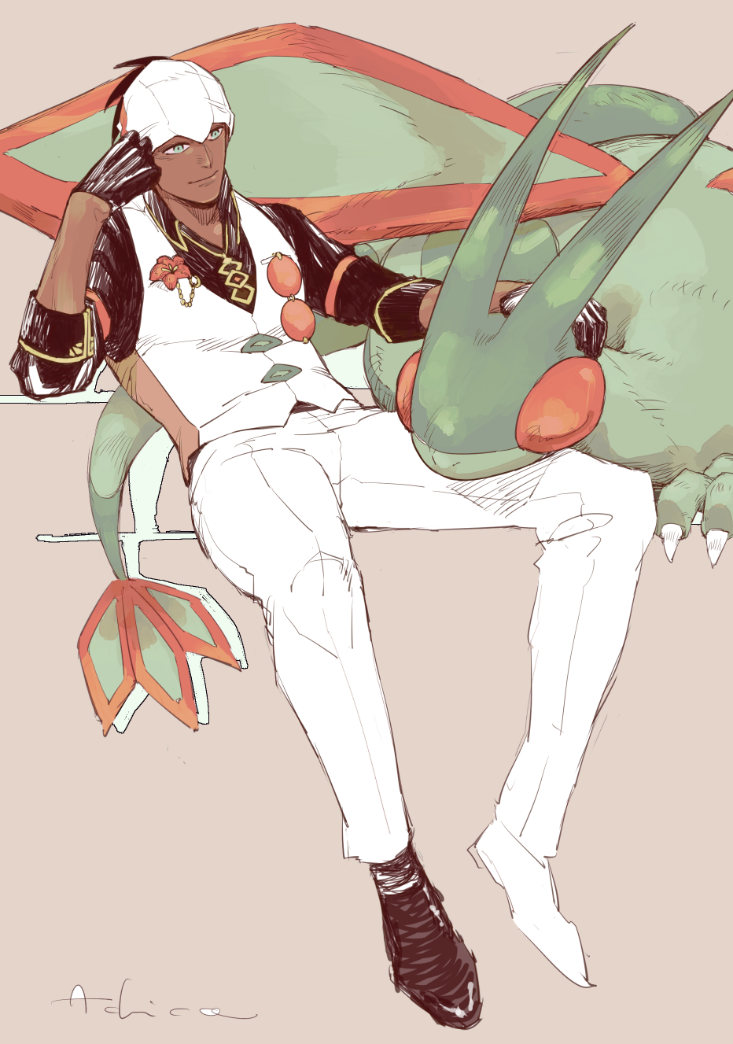1boy achio888 black_gloves black_shirt closed_mouth dark-skinned_male dark_skin flower flygon gen_3_pokemon gloves green_eyes grey_background male_focus nintendo pants petting pokemon pokemon_masters_ex raihan_(anniversary_2022)_(pokemon) raihan_(pokemon) shirt signature simple_background sitting vest white_pants white_vest