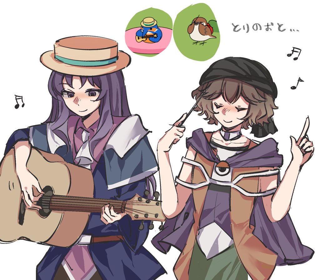 2others androgynous ascot bandana belt belt_buckle bird black_bandana blue_capelet blue_coat blue_sleeves brown_belt brown_hair brown_pants buckle cape capelet choker clause_(len&#039;en) closed_eyes closed_mouth coat collarbone collared_capelet collared_shirt conductor_baton cowboy_shot eye_of_senri eyelashes fingernails green_shorts hat holding_baton jacket kingfisher kuzu_suzumi len&#039;en light_blush long_hair long_sleeves looking_at_object motion_lines multiple_others musical_note open_clothes open_jacket orange_jacket other_focus pants pink_shirt playing_guitar playing_instrument pointing pointing_up purple_cape purple_eyes purple_hair purple_shirt shirt short_hair shorts sidelocks simple_background sleeveless sleeveless_jacket smile sparrow translation_request turban two-sided_capelet two-tone_shirt white_ascot white_background white_capelet white_choker white_sleeves wide_sleeves xiao_ganju_nailuo yellow_headwear