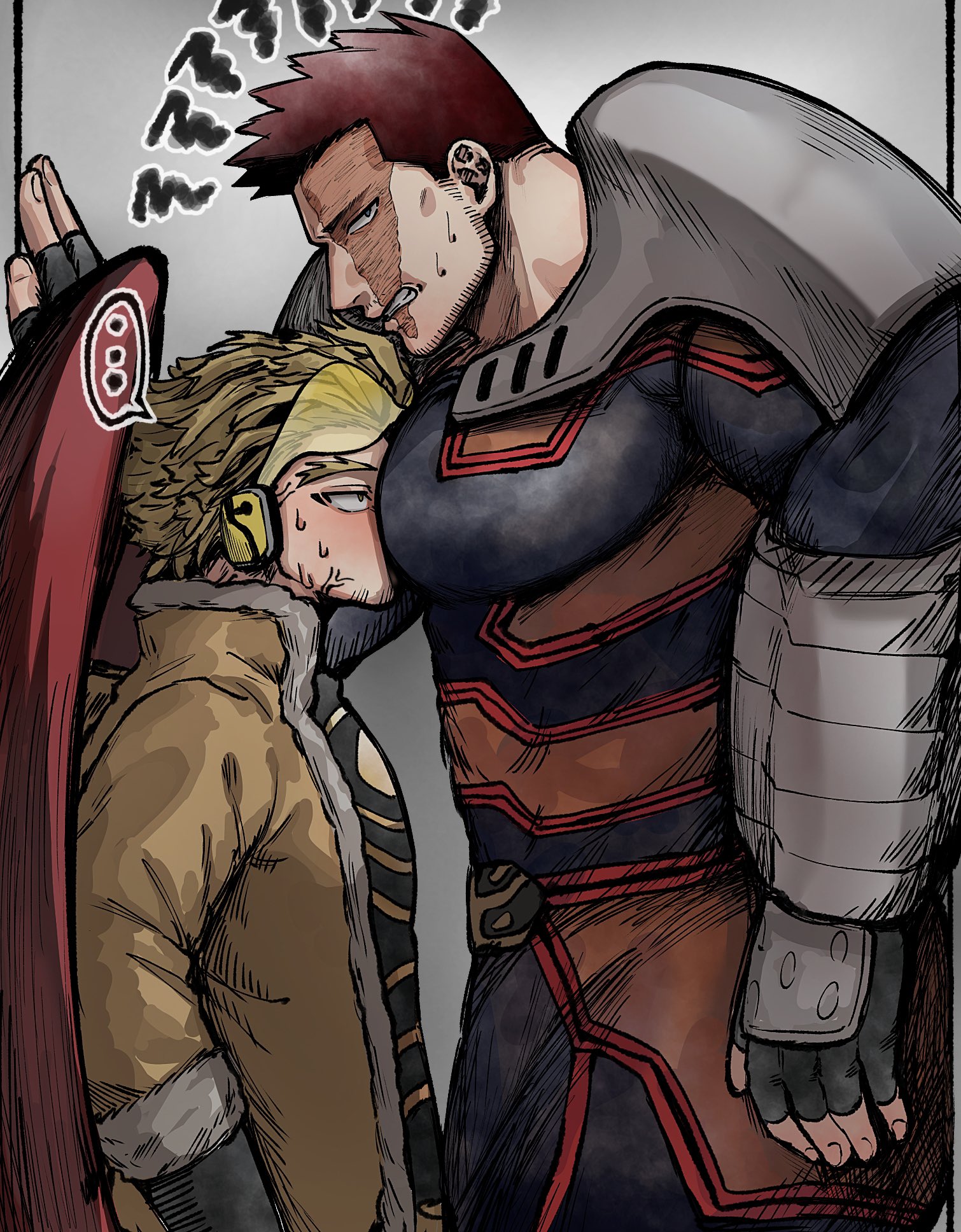 2boys averting_eyes bara between_pecs between_pectorals bodysuit boku_no_hero_academia clenched_teeth couple cramped endeavor_(boku_no_hero_academia) from_side frown hawks_(boku_no_hero_academia) head_between_pecs highres in_locker large_pectorals male_focus mature_male multiple_boys muscular muscular_male nervous_sweating pectorals profile red_hair short_hair shout_lines size_difference spiked_hair sweat teeth thick_eyebrows yama_21 yaoi