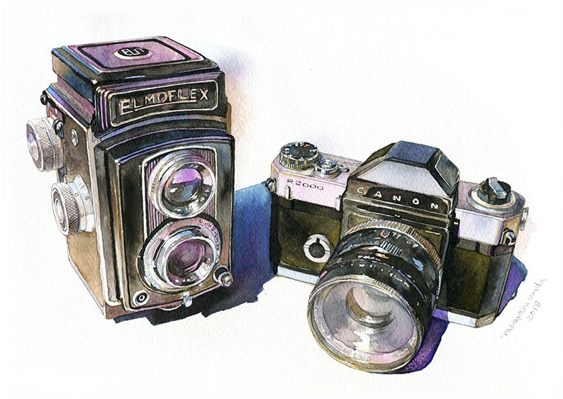 2018 artist_name camera canon_(company) elmo_(company) no_humans original painting_(medium) shadow simple_background still_life traditional_media wada_takayoshi watercolor_(medium) white_background