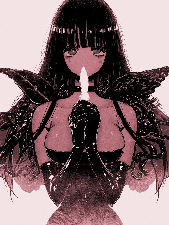1girl asymmetrical_wings bare_shoulders breasts choker dress elbow_gloves feathered_wings feathers gloves holding holding_feather kikimetal large_breasts long_hair looking_at_viewer mismatched_wings original parody plant_wings sayonara_wo_oshiete solo straight-on strapless strapless_dress tendril upper_body wings
