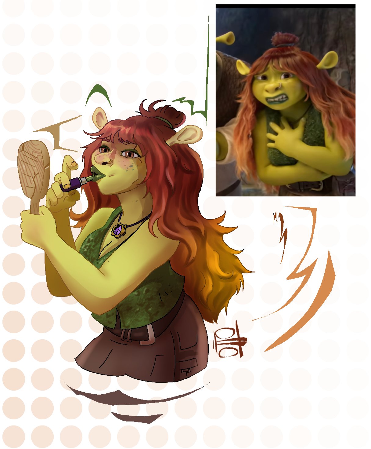 1girl applying_lipstick applying_makeup brown_eyes brown_hair brown_pants colored_skin felicia_(shrek) green_lips green_shirt green_skin hand_mirror highres holding holding_mirror jewelry lipstick long_hair makeup mirror necklace nose_piercing nose_ring ottoblue_05 pants piercing reference_inset shirt shrek_(series) shrek_5 sleeveless sleeveless_shirt