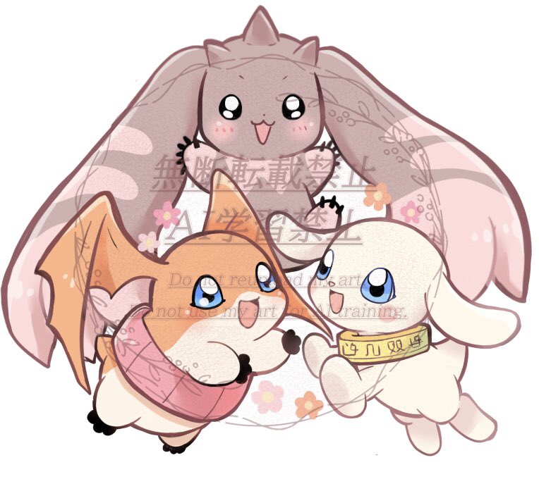 animal_ears blue_eyes body_fur brown_fur digimon digimon_(creature) digimon_frontier dog full_body head_wings horns lop_rabbit_ears lopmon patamon plotmon rabbit_ears simple_background waka_88000 watermark white_background wings