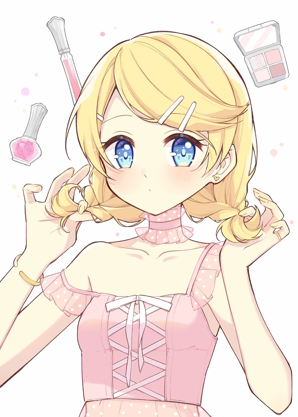 1girl aqua_eyes bare_shoulders blonde_hair blush choker corset earrings hair_lift hair_ornament hairclip hands_in_own_hair hazuki_natsu highres holding holding_own_hair jewelry kagamine_rin lipstick looking_at_viewer makeup nail_polish pink_choker pink_corset ring short_braid short_hair short_twintails solo twintails vocaloid yellow_nails