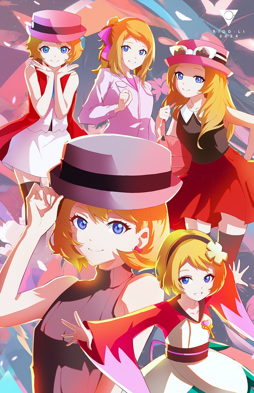 1girl black_thighhighs blonde_hair blue_eyes blush breasts dress eyelashes eyewear_on_headwear hat highres japanese_clothes long_hair looking_at_viewer nintendo open_mouth pokemon pokemon_(anime) pokemon_journeys pokemon_xy_(anime) red_skirt ridd-li serena_(pokemon) shirt short_hair skirt sleeveless sleeveless_duster sleeveless_shirt smile sunglasses thighhighs white-framed_eyewear