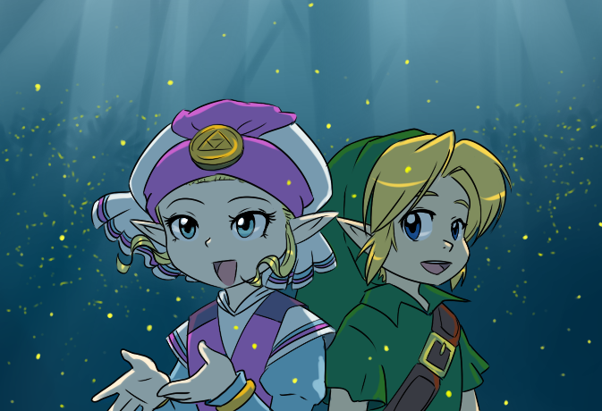1boy 1girl ask-young-link belt belt_buckle blonde_hair blue_background blue_eyes blue_sleeves brown_belt buckle child commentary dress english_commentary green_hat green_tunic hat link long_sleeves nintendo open_mouth pink_dress pink_hat pointy_ears princess_zelda short_sleeves shoulder_belt sideways_glance smile the_legend_of_zelda the_legend_of_zelda:_ocarina_of_time tunic two-tone_dress two-tone_headwear upper_body white_dress white_hat young_link young_zelda