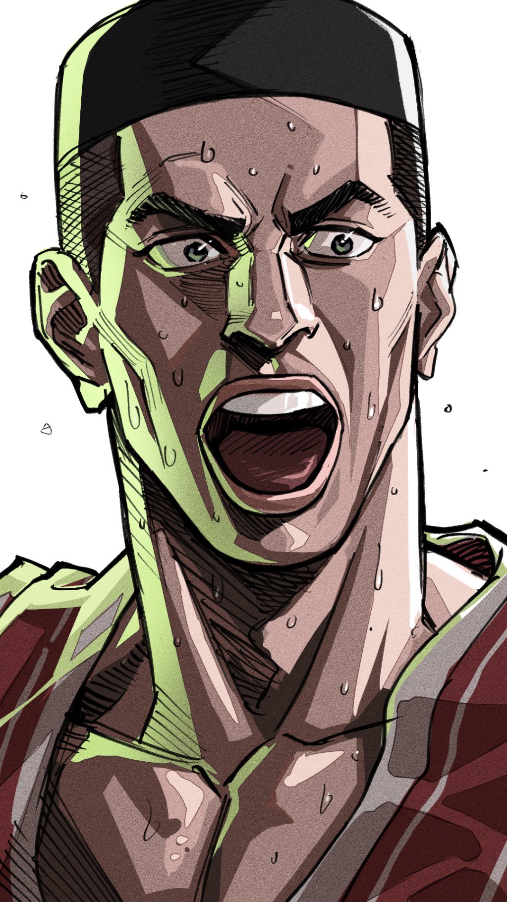1boy akagi_takenori basketball_uniform black_hair close-up commentary green_light highres looking_to_the_side making-of_available male_focus open_mouth short_hair simple_background slam_dunk_(series) solo sportswear sweatdrop symbol-only_commentary tobo_katsuo undercut white_background