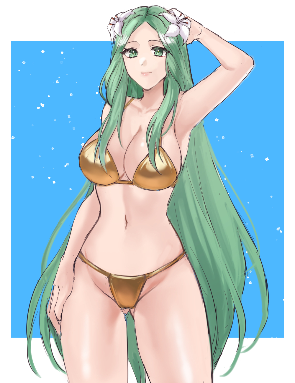 bikini breasts fire_emblem fire_emblem:_three_houses gold_bikini hazuki_(nyorosuke) highres nintendo rhea_(fire_emblem) rhea_(summer)_(fire_emblem) swimsuit tagme
