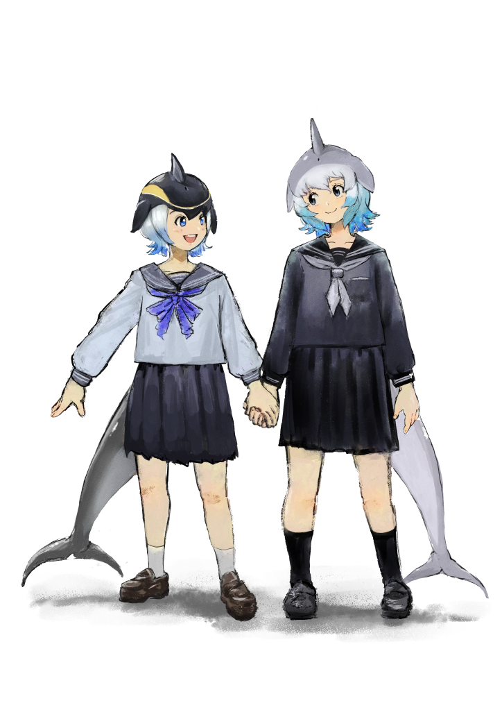 2girls alternate_costume black_hair black_shirt black_shoes black_skirt black_socks blonde_hair blowhole blue_eyes blue_hair blue_neckerchief blush brown_shoes cetacean_tail common_bottlenose_dolphin_(kemono_friends) common_dolphin_(kemono_friends) dolphin_girl dorsal_fin fins fish_tail full_body grey_hair hatch_(hatch_box) head_fins height_difference holding_hands kemono_friends loafers long_sleeves looking_at_another multicolored_hair multiple_girls neckerchief open_mouth pleated_skirt puffy_sleeves sailor_collar school_uniform serafuku shirt shoes short_hair skirt smile socks tail white_hair white_neckerchief white_shirt white_socks