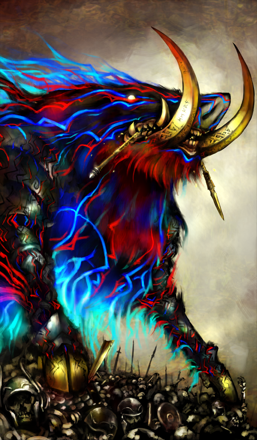 animal animal_focus boar broken_spear commentary demon_boar_(fate) fate/grand_order fate_(series) futhark glowing no_humans official_art oversized_animal pfalz pile_of_skulls polearm runes spear third-party_source weapon