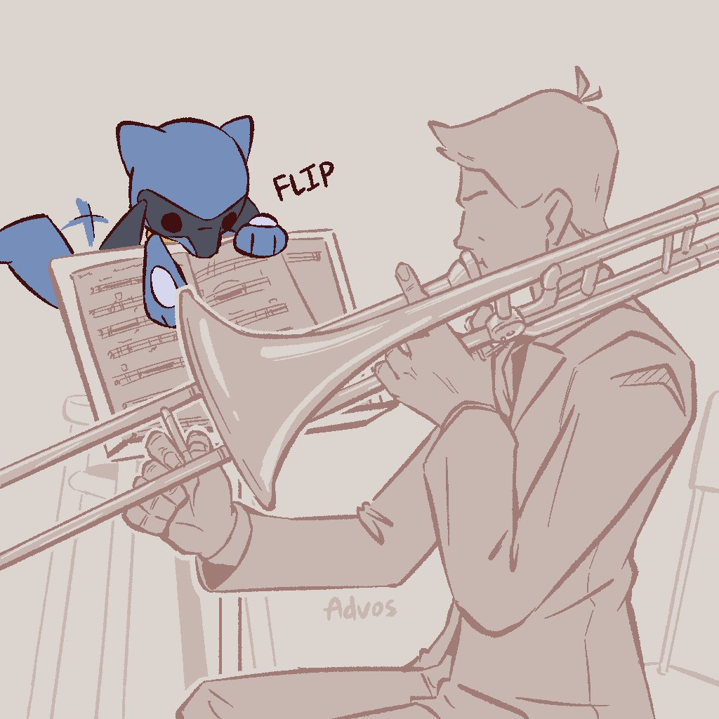 1boy advos closed_mouth faceless faceless_male gen_4_pokemon holding holding_instrument holding_trombone instrument long_sleeves male_focus music music_stand nintendo playing_instrument pokemon pokemon_(creature) riolu sheet_music sitting solo trombone